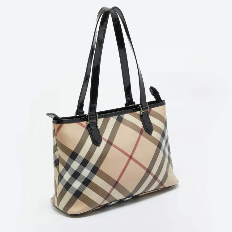 Pre Owned Burberry Black/Beige Super Nova Check PVC and Patent Leather Regent Tote