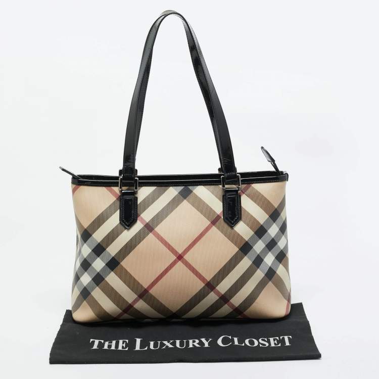 Pre Owned Burberry Black/Beige Super Nova Check PVC and Patent Leather Regent Tote