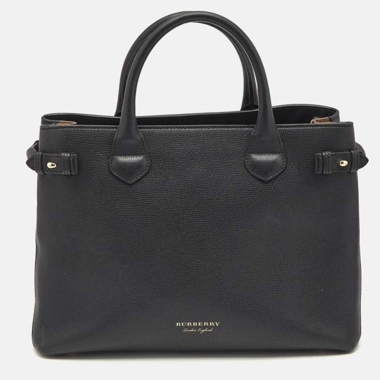 Pre Owned Burberry Black Leather and House Check Canvas Medium Banner Tote