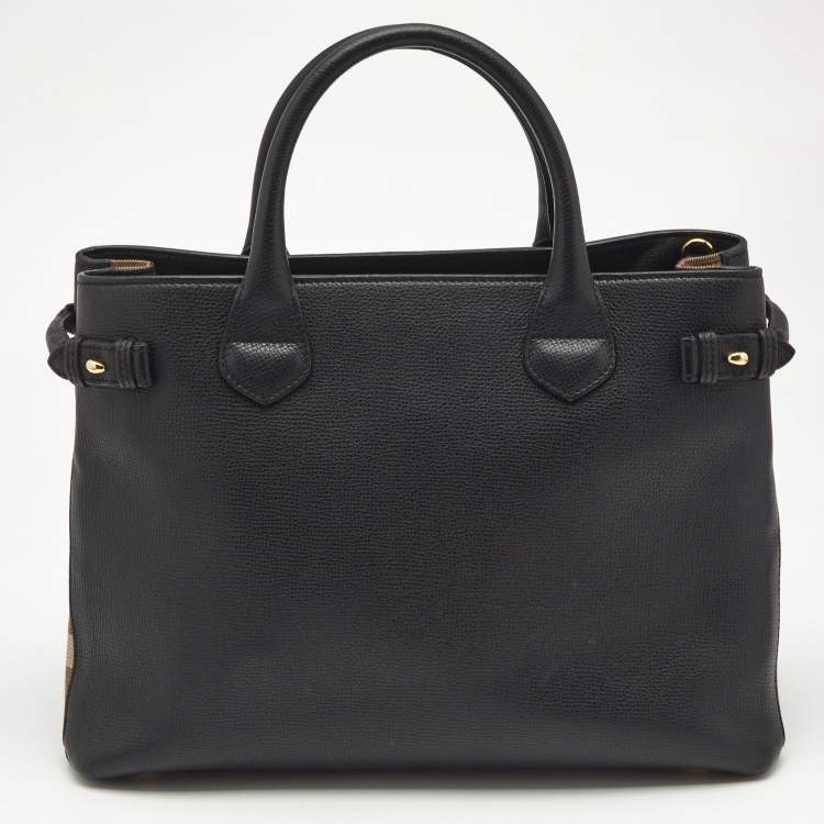 Pre Owned Burberry Black Leather and House Check Canvas Medium Banner Tote