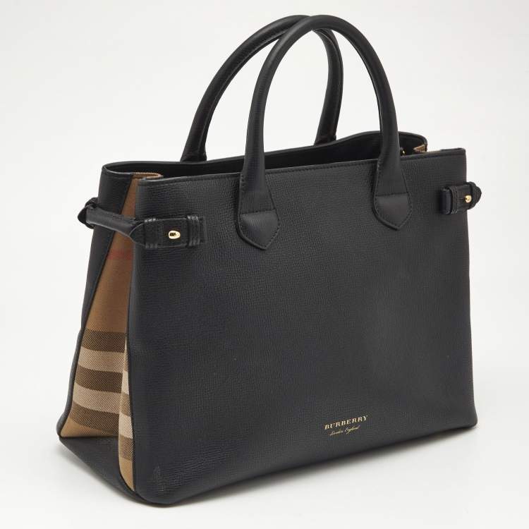 Pre Owned Burberry Black Leather and House Check Canvas Medium Banner Tote