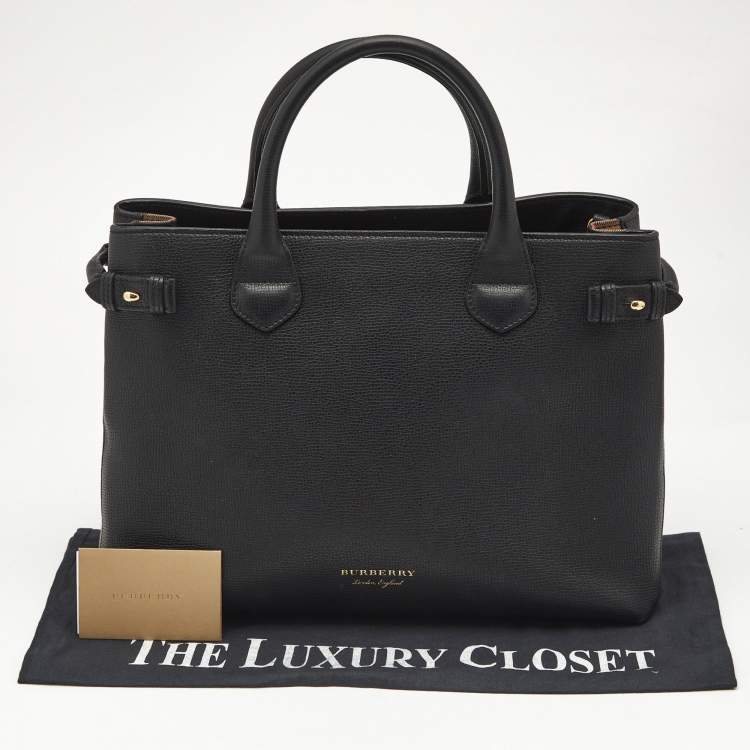 Pre Owned Burberry Black Leather and House Check Canvas Medium Banner Tote