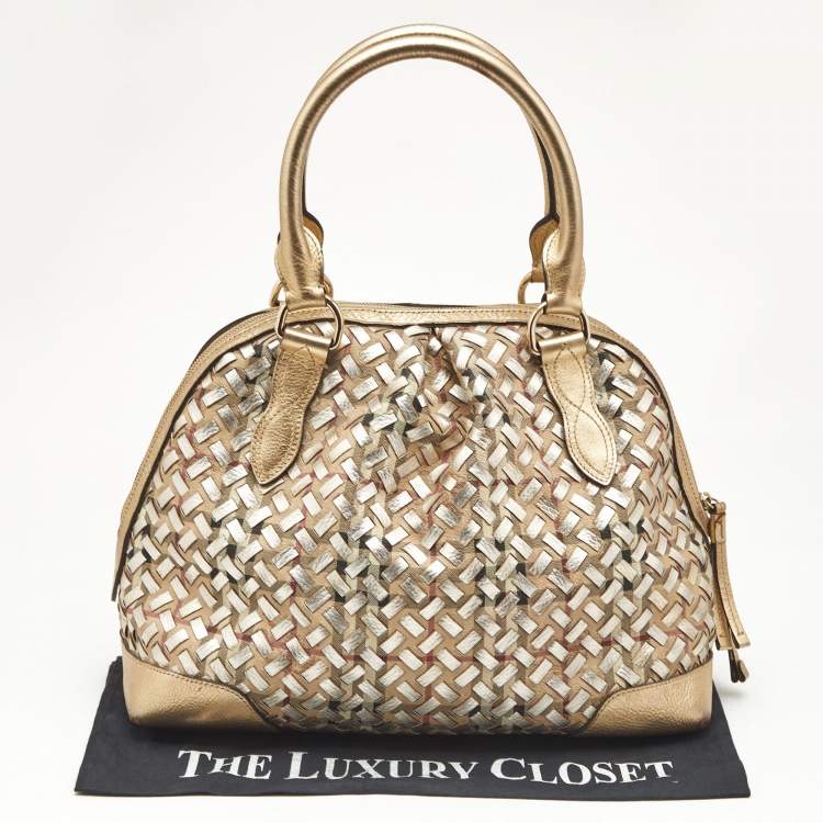 Pre Owned Burberry Gold/Beige Haymarket Check PVC and Woven Leather Thornley Satchel