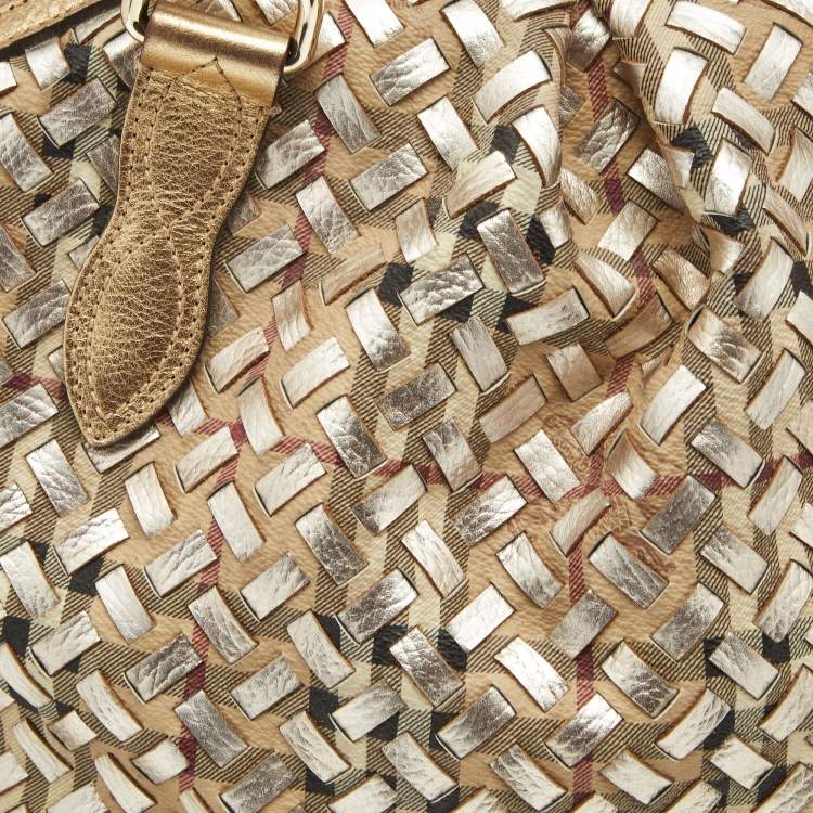 Pre Owned Burberry Gold/Beige Haymarket Check PVC and Woven Leather Thornley Satchel