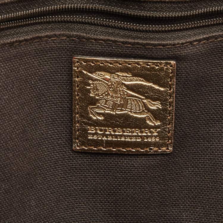 Pre Owned Burberry Gold/Beige Haymarket Check PVC and Woven Leather Thornley Satchel