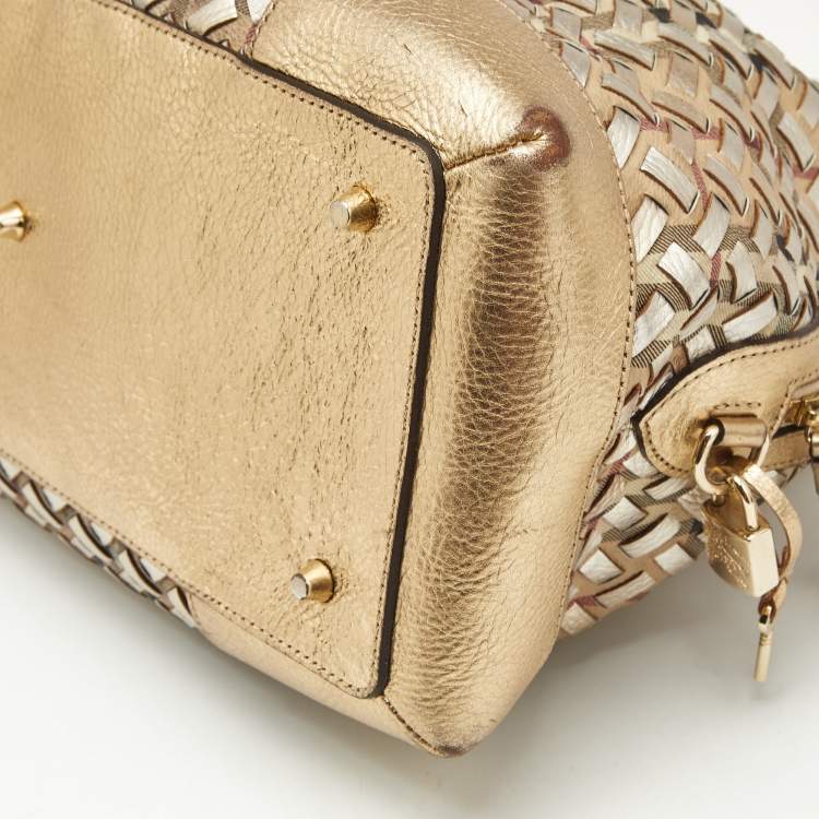 Pre Owned Burberry Gold/Beige Haymarket Check PVC and Woven Leather Thornley Satchel