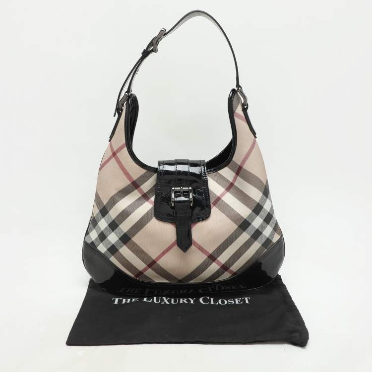 Pre Owned Burberry Black/Beige Nova Check PVC and Patent Leather Brooke Hobo