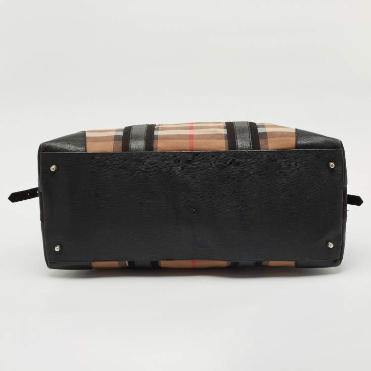 Pre Owned Burberry Black/Beige House Check Canvas and Leather Duffel Bag
