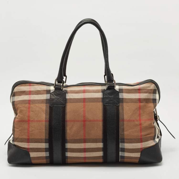 Pre Owned Burberry Black/Beige House Check Canvas and Leather Duffel Bag