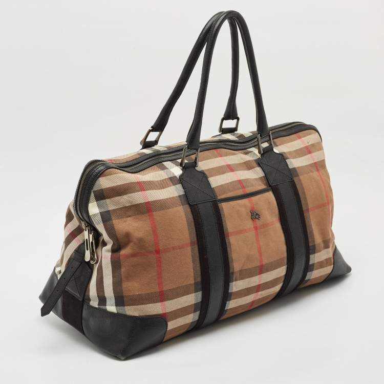 Pre Owned Burberry Black/Beige House Check Canvas and Leather Duffel Bag
