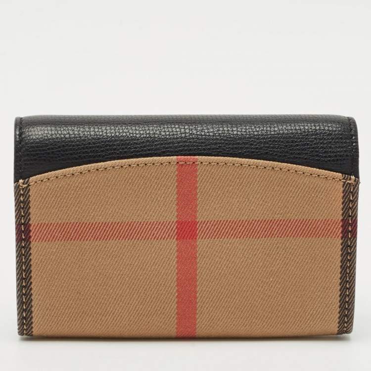 Pre Owned Burberry Black/Beige House Check Canvas and Leather Wellington Compact Wallet