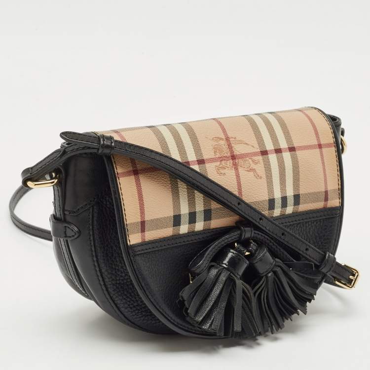 Pre Owned Burberry Black/Beige Haymarket Check PVC and Leather Maydown Crossbody Bag