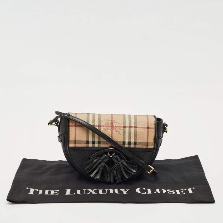Pre Owned Burberry Black/Beige Haymarket Check PVC and Leather Maydown Crossbody Bag