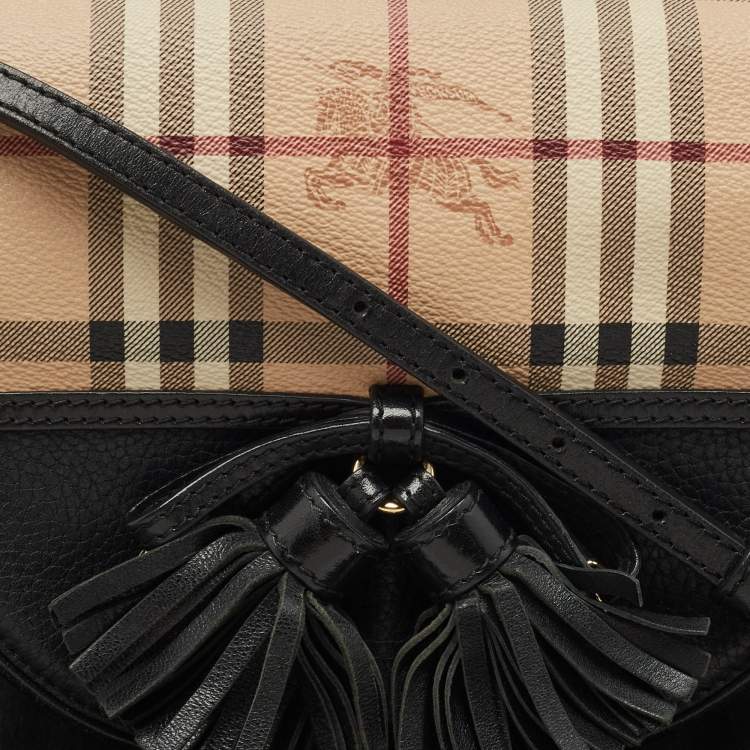 Pre Owned Burberry Black/Beige Haymarket Check PVC and Leather Maydown Crossbody Bag