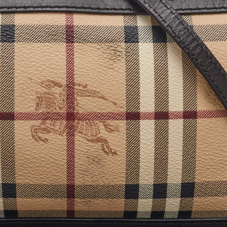 Pre Owned Burberry Beige/Brown Haymarket Check Canvas and Leather Crossbody Bag