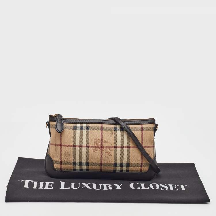 Pre Owned Burberry Beige/Brown Haymarket Check Canvas and Leather Crossbody Bag
