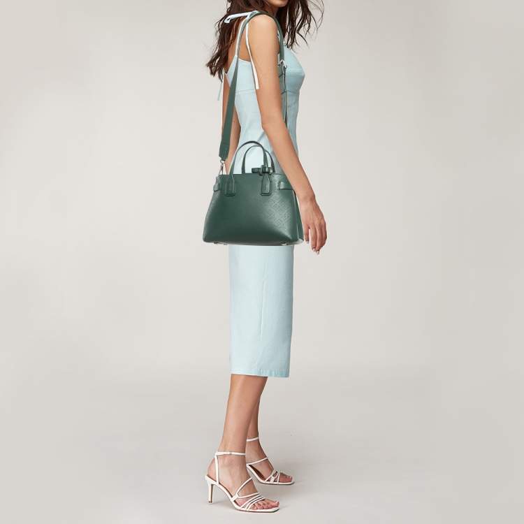 Pre Owned Burberry Green Perforated Leather Small Banner Tote