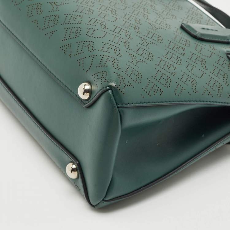 Pre Owned Burberry Green Perforated Leather Small Banner Tote