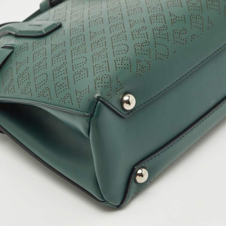 Pre Owned Burberry Green Perforated Leather Small Banner Tote