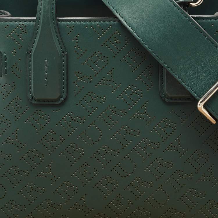 Pre Owned Burberry Green Perforated Leather Small Banner Tote