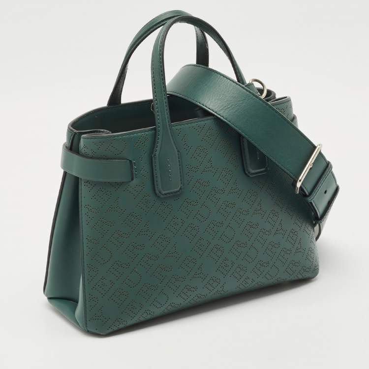 Pre Owned Burberry Green Perforated Leather Small Banner Tote