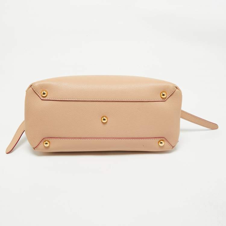Pre Owned Burberry Nude Leather and House Check Fabric Medium Camberley Top Handle Bag