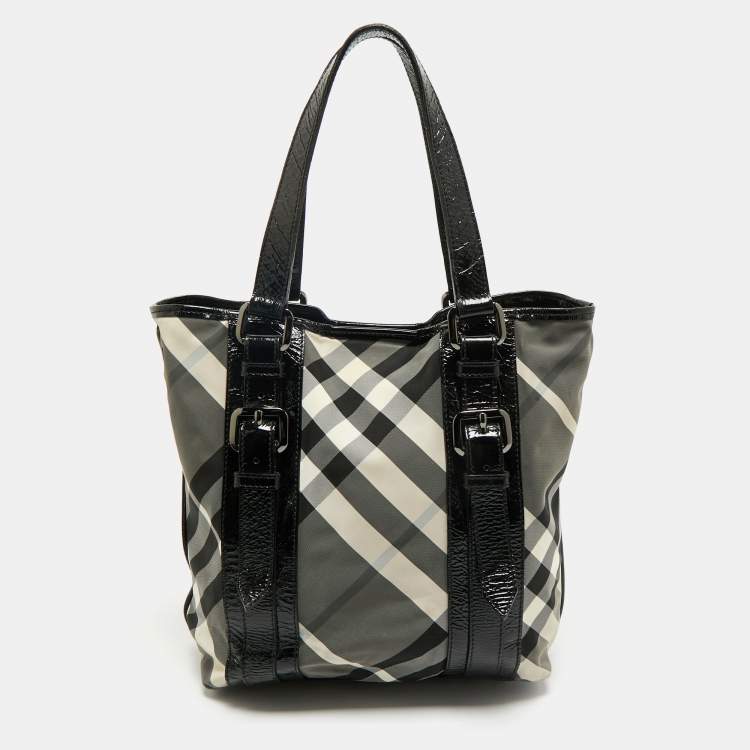 Pre Owned Burberry Black Beat Check Nylon And Patent Leather Small Lowry Tote