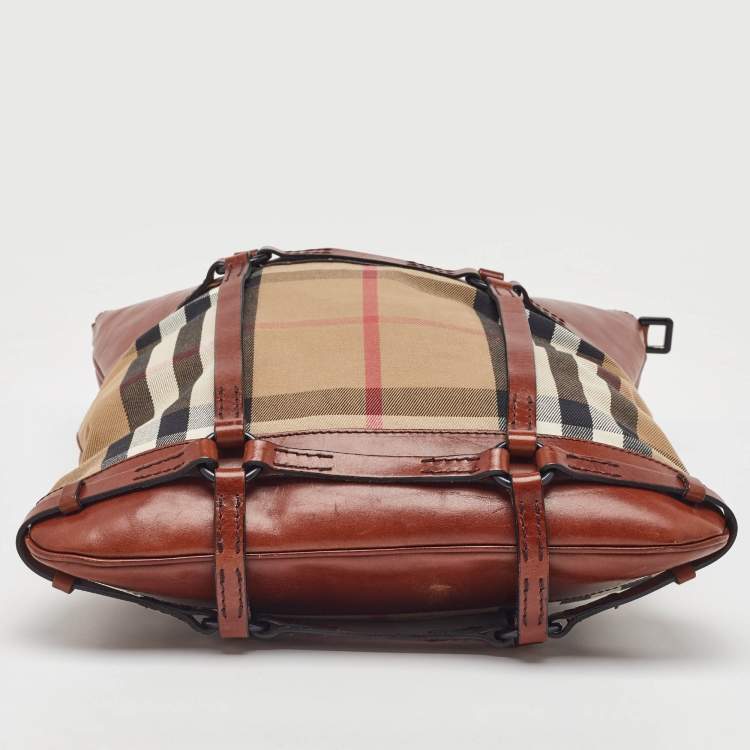 Pre Owned Burberry Beige/Brown Housecheck Canvas and Leather Slim Tote