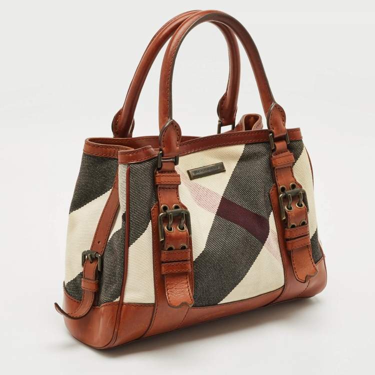 Pre Owned Burberry Brown Mega Check Fabric and Leather Tote