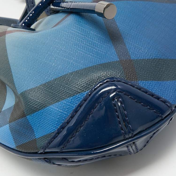 Pre Owned Burberry Blue Ombre Supernova Check Coated Canvas Drawstring Crossbody Bag
