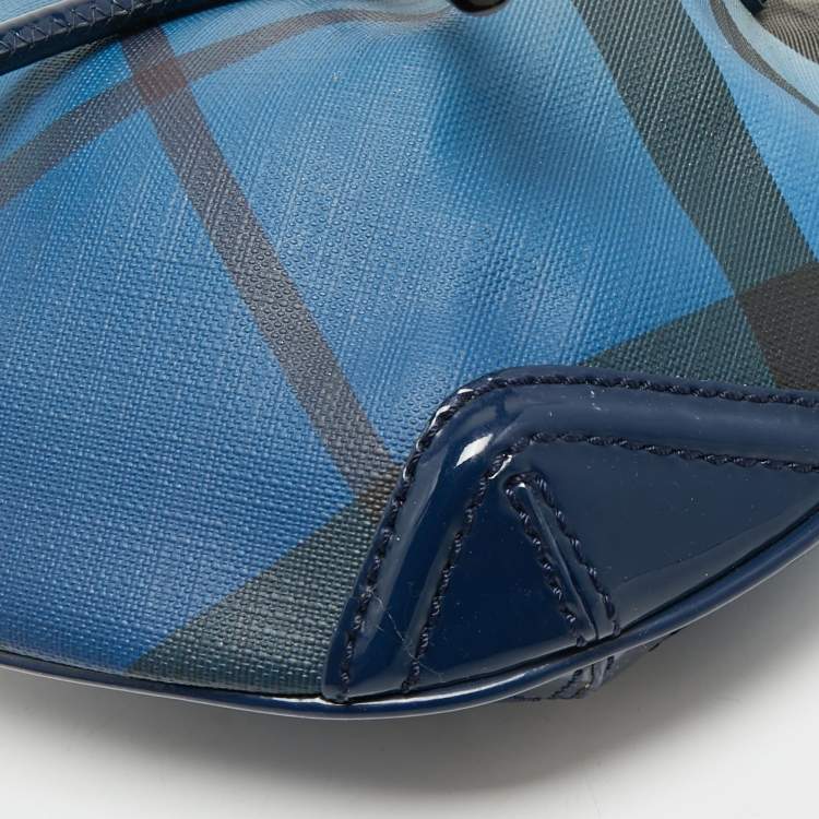 Pre Owned Burberry Blue Ombre Supernova Check Coated Canvas Drawstring Crossbody Bag