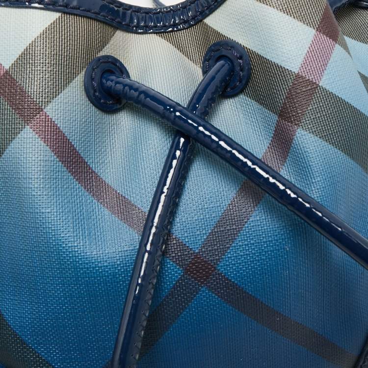 Pre Owned Burberry Blue Ombre Supernova Check Coated Canvas Drawstring Crossbody Bag