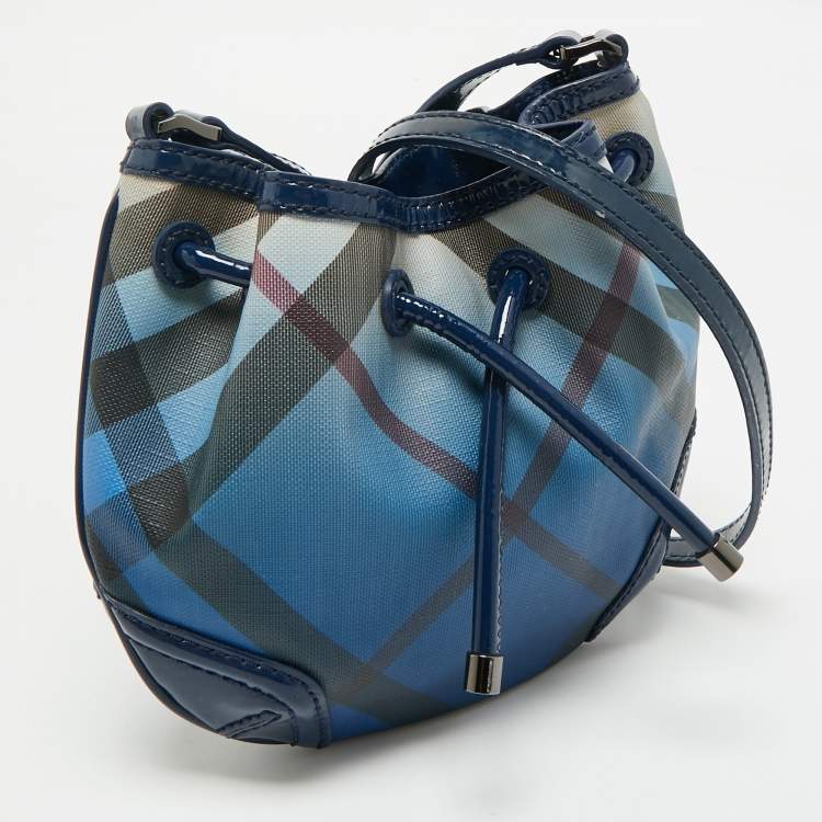 Pre Owned Burberry Blue Ombre Supernova Check Coated Canvas Drawstring Crossbody Bag