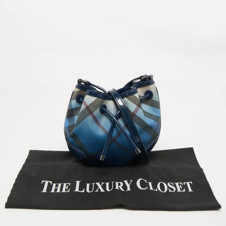 Pre Owned Burberry Blue Ombre Supernova Check Coated Canvas Drawstring Crossbody Bag