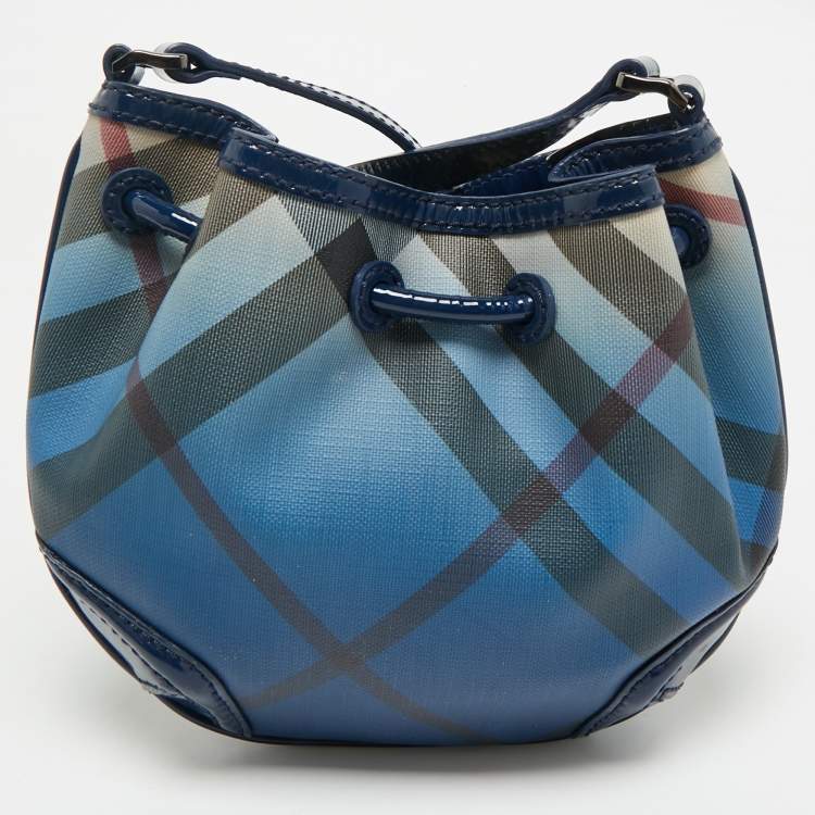 Pre Owned Burberry Blue Ombre Supernova Check Coated Canvas Drawstring Crossbody Bag