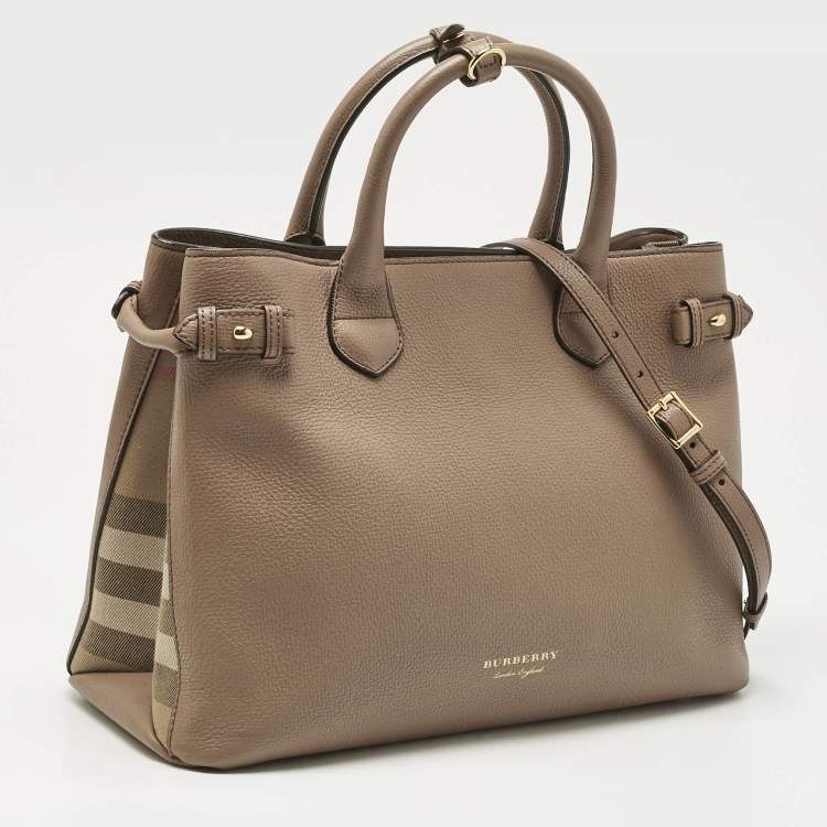 Pre Owned Burberry Brown Leather and House Check Fabric Medium Banner Tote