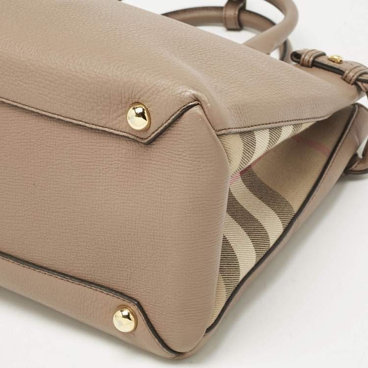 Pre Owned Burberry Brown Leather and House Check Fabric Medium Banner Tote