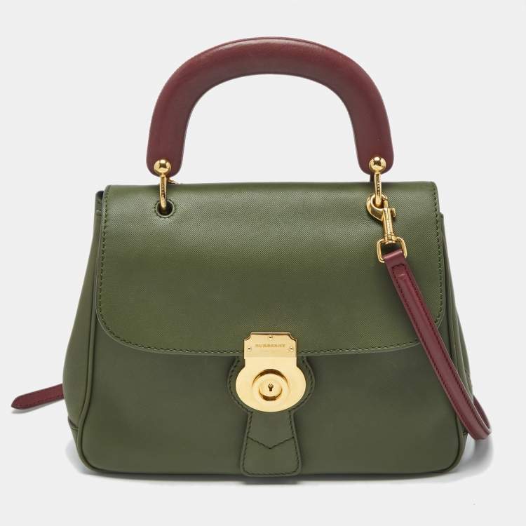 Pre Owned Burberry Green/Burgundy Leather Medium DK88 Top Handle Bag