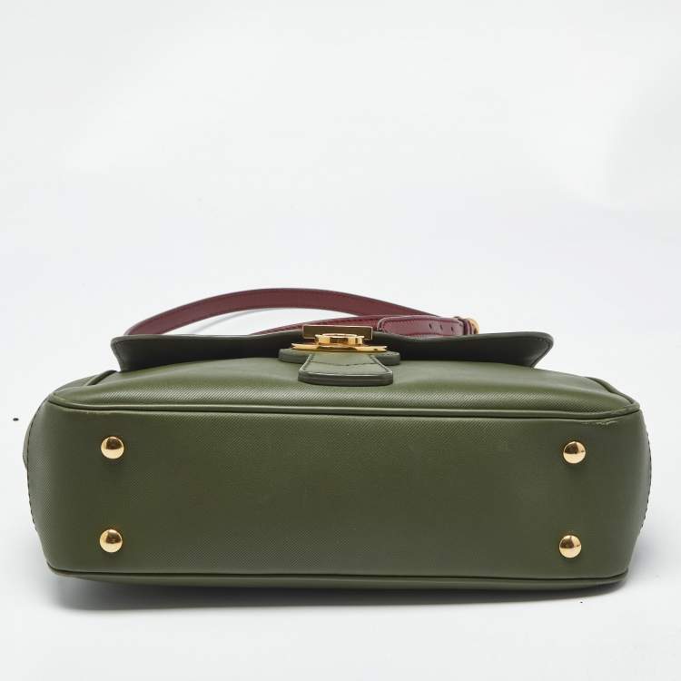 Pre Owned Burberry Green/Burgundy Leather Medium DK88 Top Handle Bag