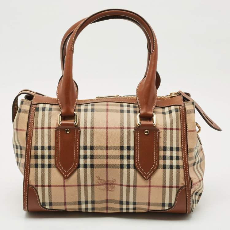 Pre Owned Burberry Brown/Beige Haymarket Coated Canvas and Leather Satchel