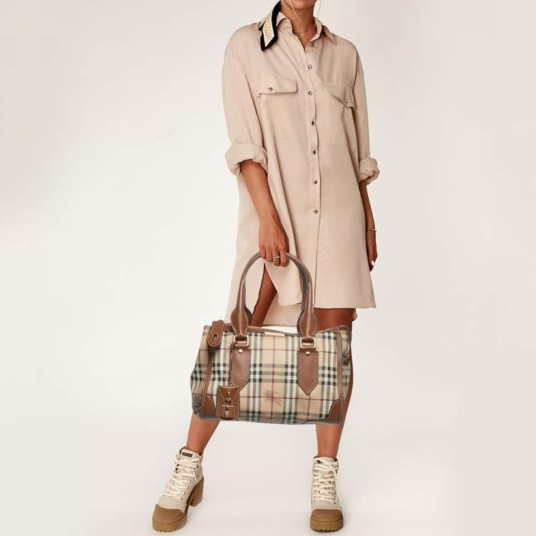 Pre Owned Burberry Brown/Beige Haymarket Coated Canvas and Leather Satchel