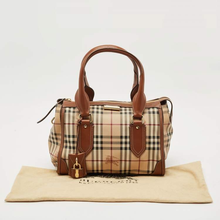 Pre Owned Burberry Brown/Beige Haymarket Coated Canvas and Leather Satchel