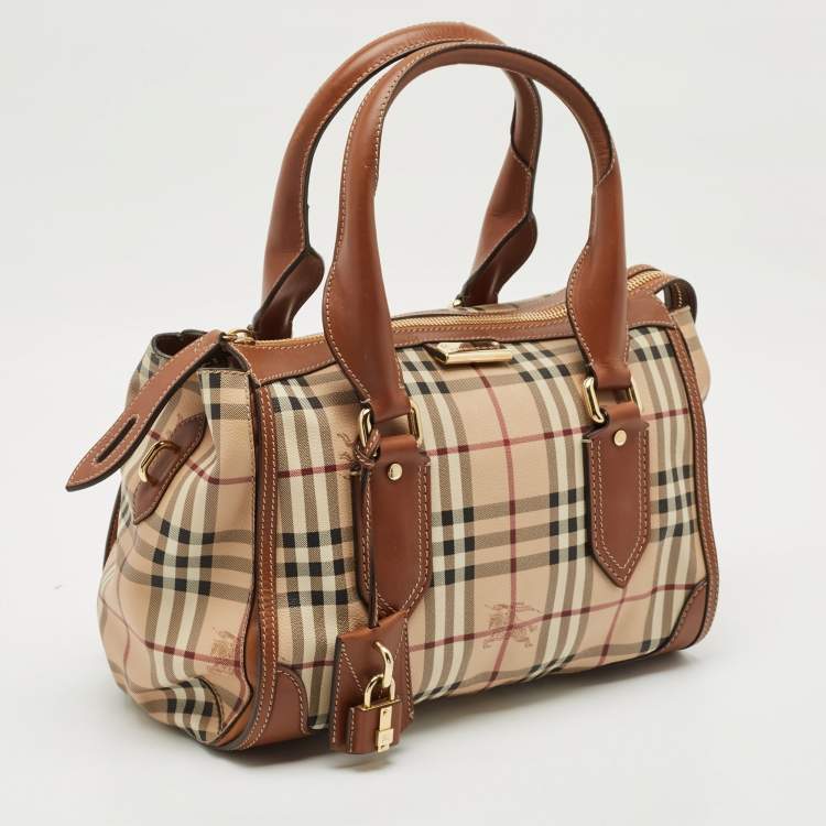 Pre Owned Burberry Brown/Beige Haymarket Coated Canvas and Leather Satchel