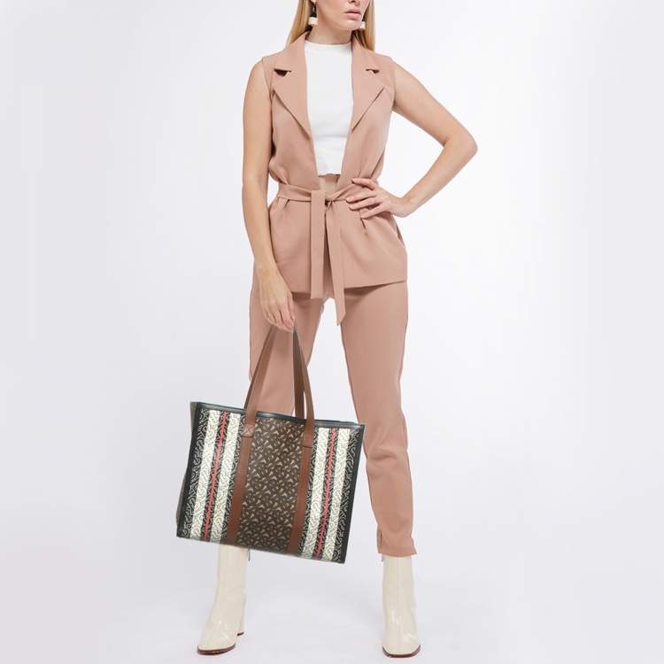 Pre Owned Burberry Bridle Brown TB Coated Canvas Small East West Book Tote