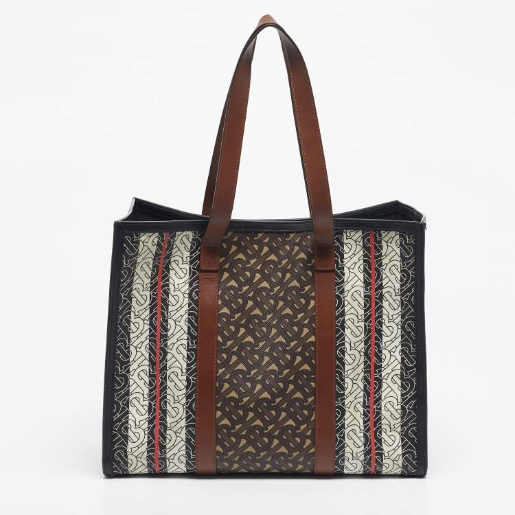 Pre Owned Burberry Bridle Brown TB Coated Canvas Small East West Book Tote