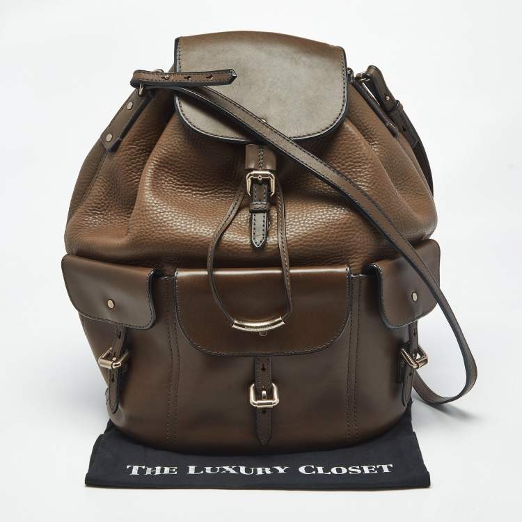 Pre Owned Burberry Brown Leather Multi Pockets Drawstring Shoulder Bag