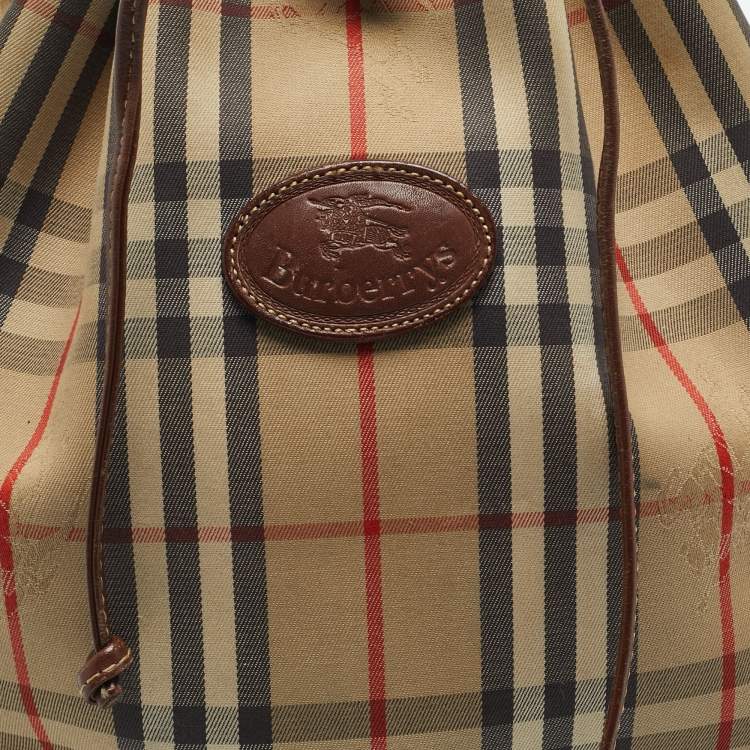 Pre Owned Burberry Brown/Beige Haymarket Fabric and Leather Drawstring Bucket Bag