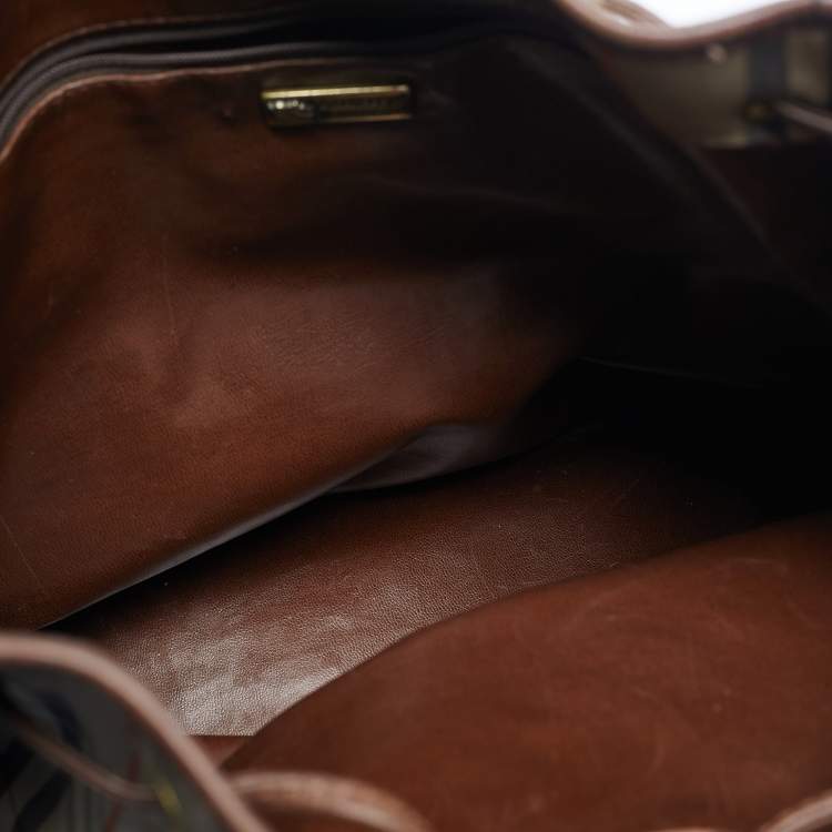 Pre Owned Burberry Brown/Beige Haymarket Fabric and Leather Drawstring Bucket Bag