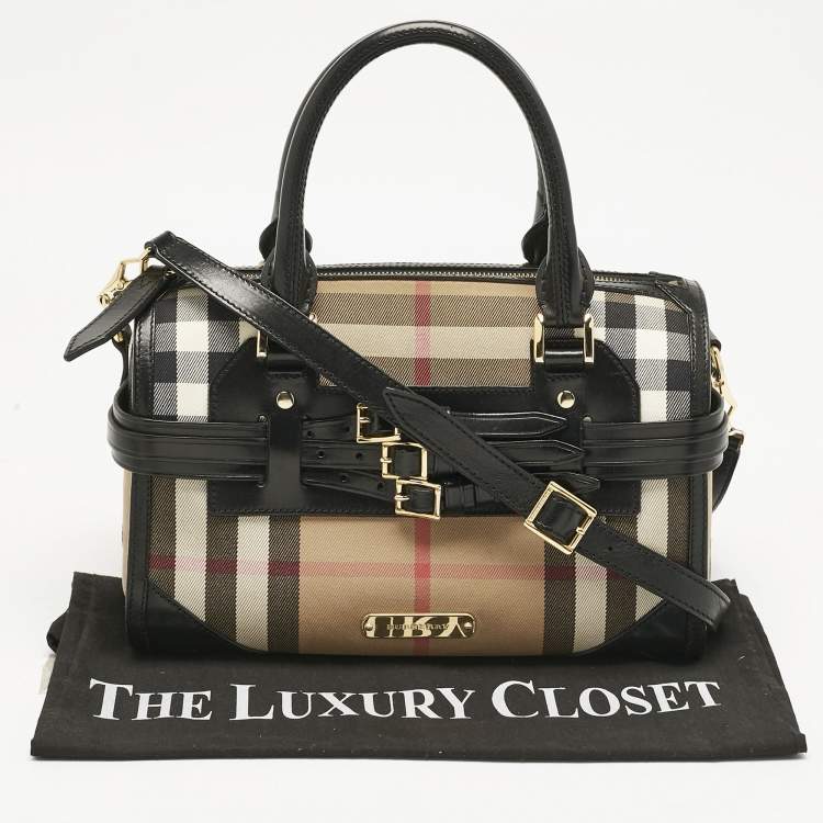 Pre Owned Burberry Black/Beige House Check Fabric and Leather Bridle Chester Bowling Bag