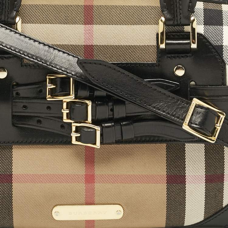 Pre Owned Burberry Black/Beige House Check Fabric and Leather Bridle Chester Bowling Bag
